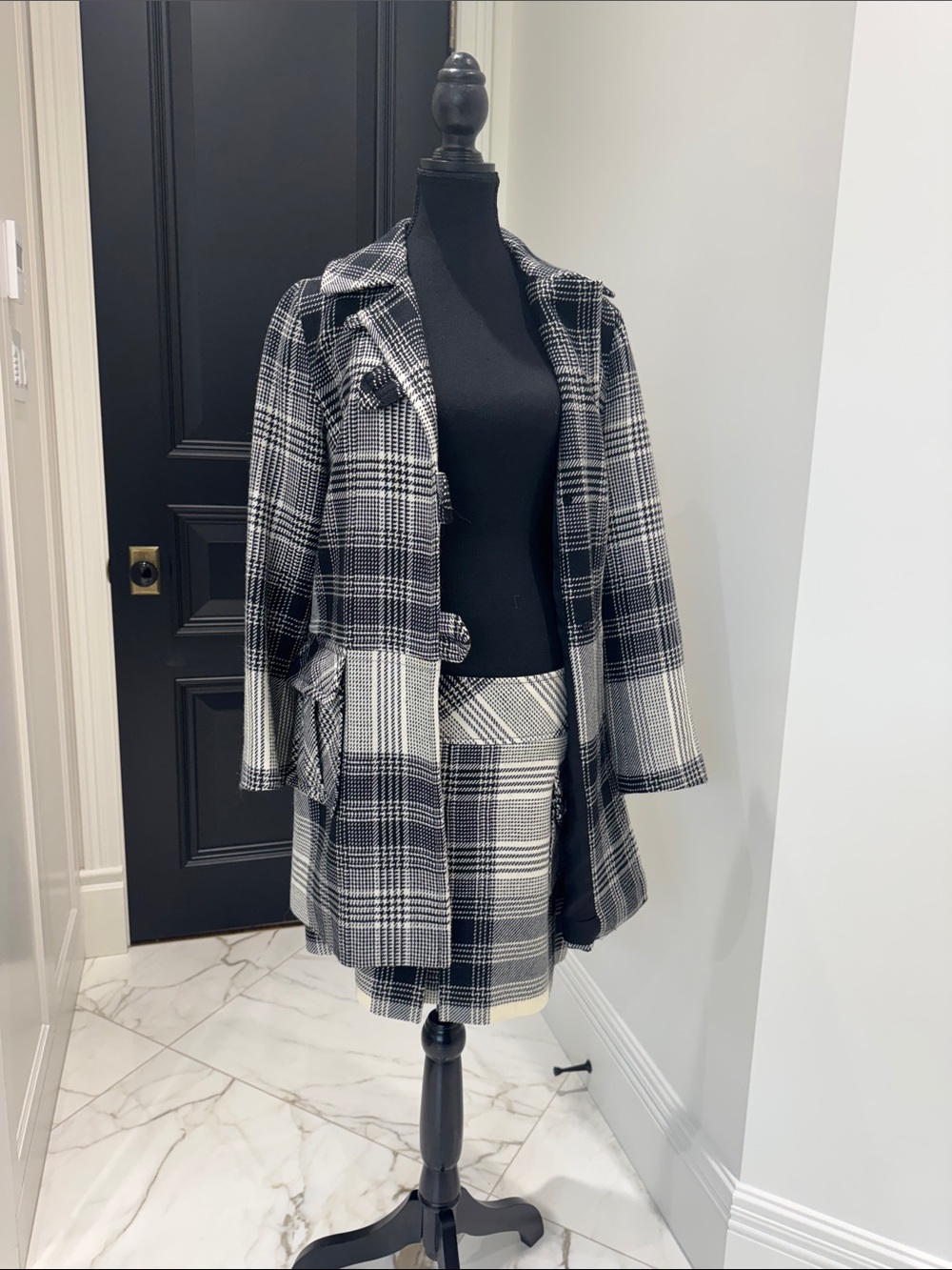 Teenflo Black & White Plaid Pea Coat and A-line skirt.